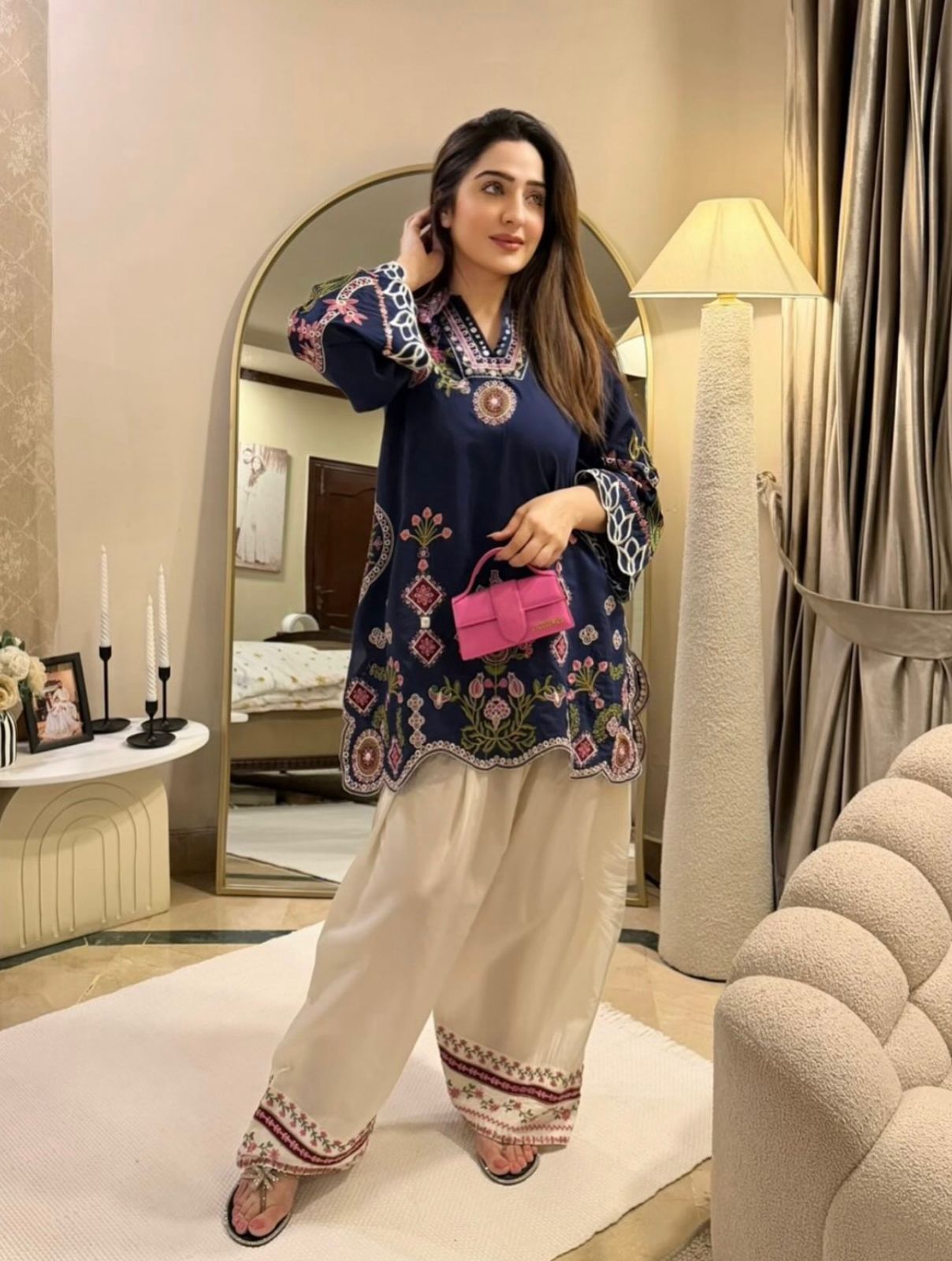 Roohi — Embroidered Cotton Modal Kurta with Salwar | Navy Blue & Cream
