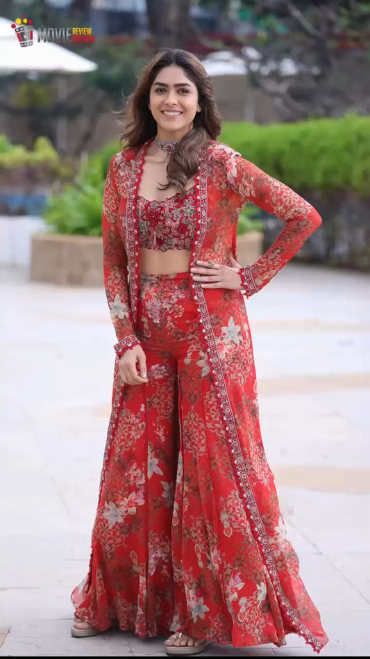 Lalbagh — Block-Printed Organza Bralette Set with Shrug | Red Floral