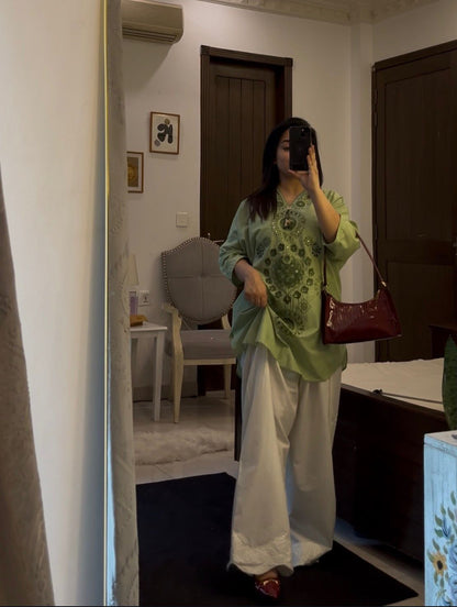 Nainika — Embroidered Cotton Modal Kurta with Wide-Leg Pants | Pistachio Green