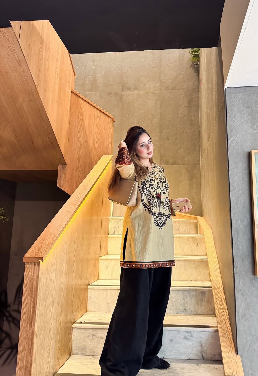 Saanjh — Hand-Embroidered Cotton Kurta with Farsi Salwar | Beige & Black