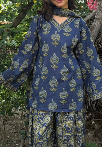 Vasudha hand block Kalamkari cotton kurta set in navy and gold with matching salwar and dupatta — outdoor lifestyle front view