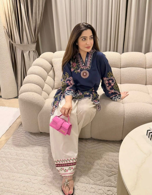 Roohi — Embroidered Cotton Modal Kurta with Salwar | Navy Blue & Cream
