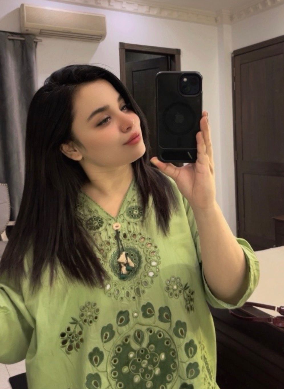 Nainika — Embroidered Cotton Modal Kurta with Wide-Leg Pants | Pistachio Green