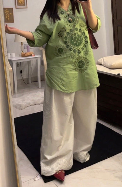 Nainika — Embroidered Cotton Modal Kurta with Wide-Leg Pants | Pistachio Green