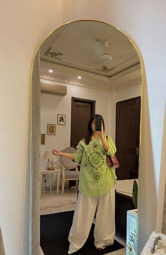 Nainika — Embroidered Cotton Modal Kurta with Wide-Leg Pants | Pistachio Green