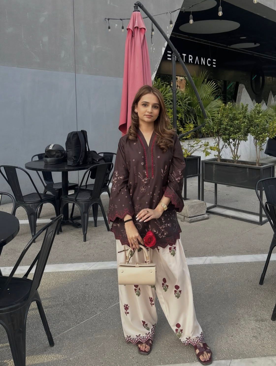 Avani embroidered cotton modal kurta with floral-printed farsi salwar — chocolate brown kurta with scattered embroidery and cream rose-printed farsi, full look front view