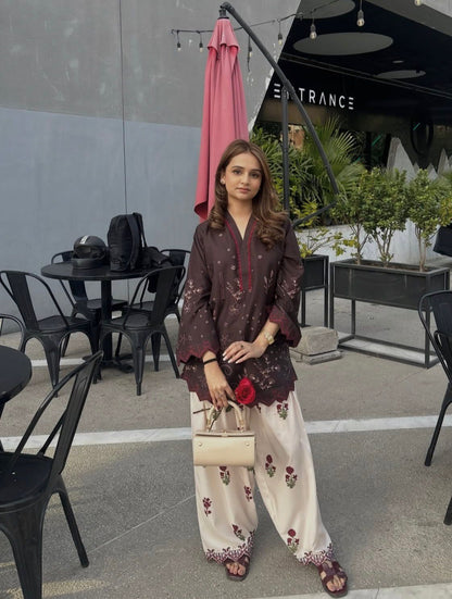 Avani embroidered cotton modal kurta with floral-printed farsi salwar — chocolate brown kurta with scattered embroidery and cream rose-printed farsi, full look front view