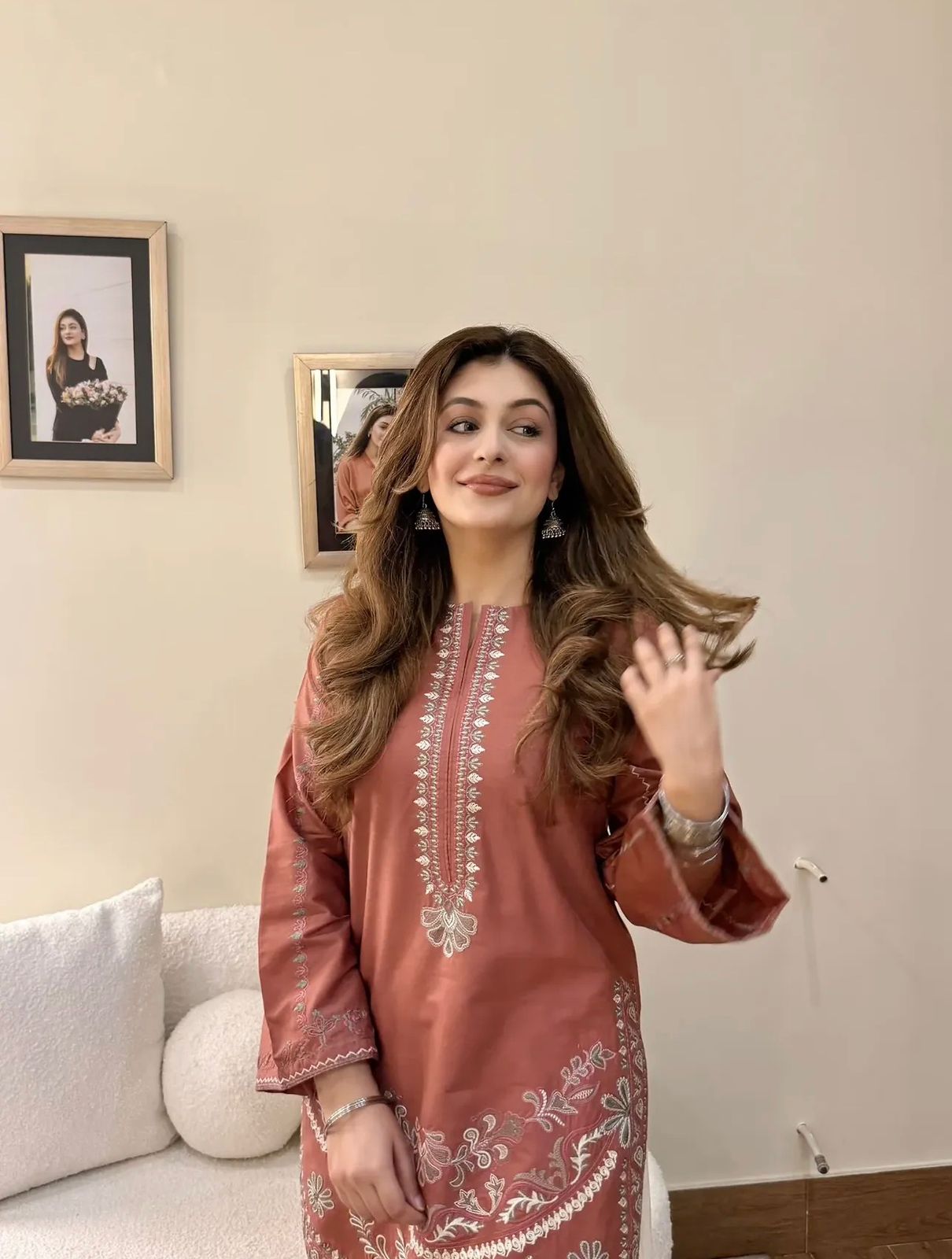 Gulrang embroidered cotton modal kurta with wide-leg pants — dusty rose kurta with band collar and floral embroidery, cream pants with embroidered hem, front view