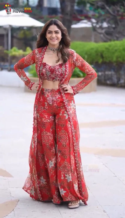 Lalbagh — Block-Printed Organza Bralette Set with Shrug | Red Floral