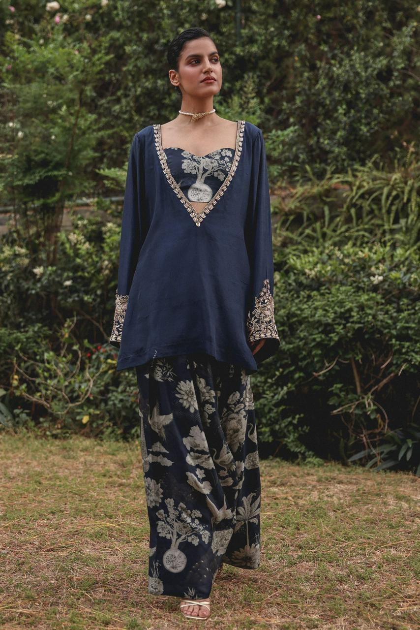 Shajar — Cotton Modal Kurta Set with Bralette & Farsi Salwar | Navy & Gold
