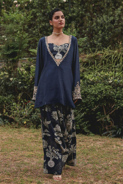 Shajar — Cotton Modal Kurta Set with Bralette & Farsi Salwar | Navy & Gold