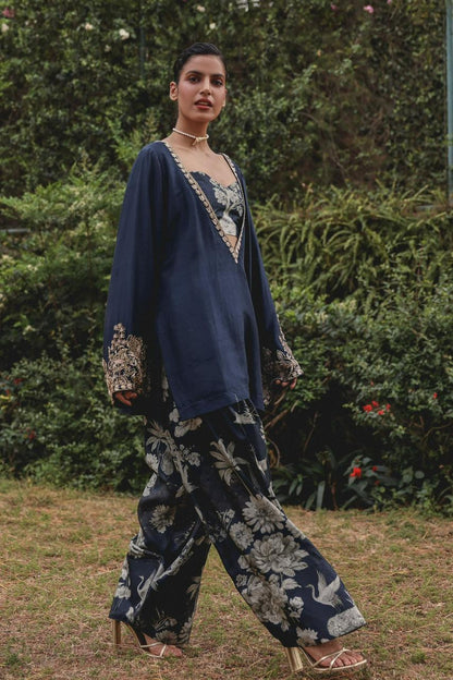 Shajar — Cotton Modal Kurta Set with Bralette & Farsi Salwar | Navy & Gold