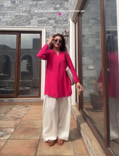 Gulnar — Embroidered Crepe Kurta with Farsi Salwar | Fuchsia Pink