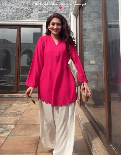 Gulnar — Embroidered Crepe Kurta with Farsi Salwar | Fuchsia Pink