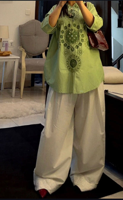 Nainika — Embroidered Cotton Modal Kurta with Wide-Leg Pants | Pistachio Green