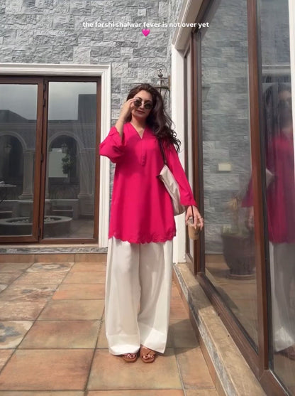Gulnar — Embroidered Crepe Kurta with Farsi Salwar | Fuchsia Pink