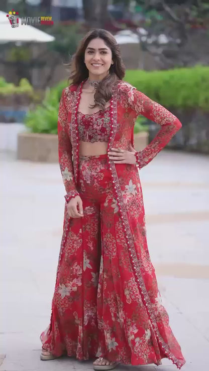 Lalbagh — Block-Printed Organza Bralette Set with Shrug | Red Floral